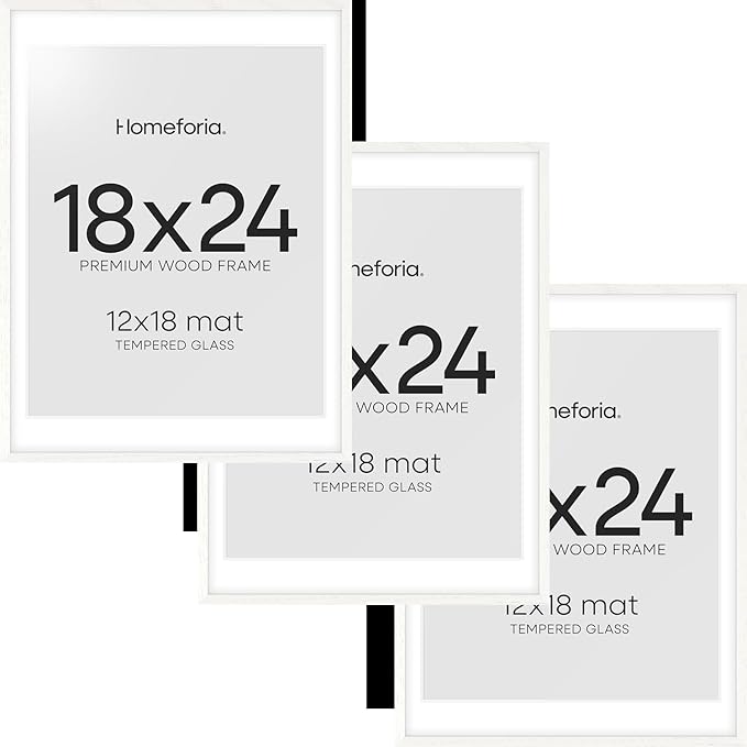Homeforia 18 x 24 Poster Frame White, High End Oak 18x24 White Wood Picture Frame with Mat 16x20 Photo, 18 x 24 Wooden Frame Matted to 16 x 20, 24x18 Hanging Frames, Tempered Glass, Wall Kit, Set of 3