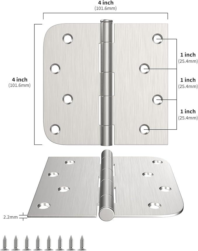 goldenwarm 24 Pack Brushed Nickel Door Hinges 4inch x 4 inch Door Hinge Satin Nickel Iron Hinges with Square & Round Corners
