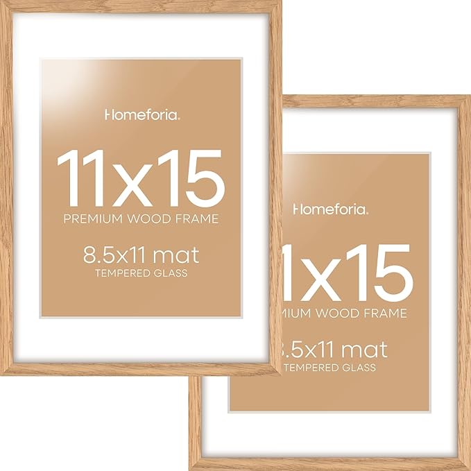 Homeforia 11x15 Picture Frame Wood, High End Natural Oak 11x15 Light Wooden Poster Frames with Mat 8.5x11, 11 x 15 Frame Matted to 8.5 x 11 Photo, 15x11 Thin Frames, Tempered Glass, Wall Kit, Set of 2