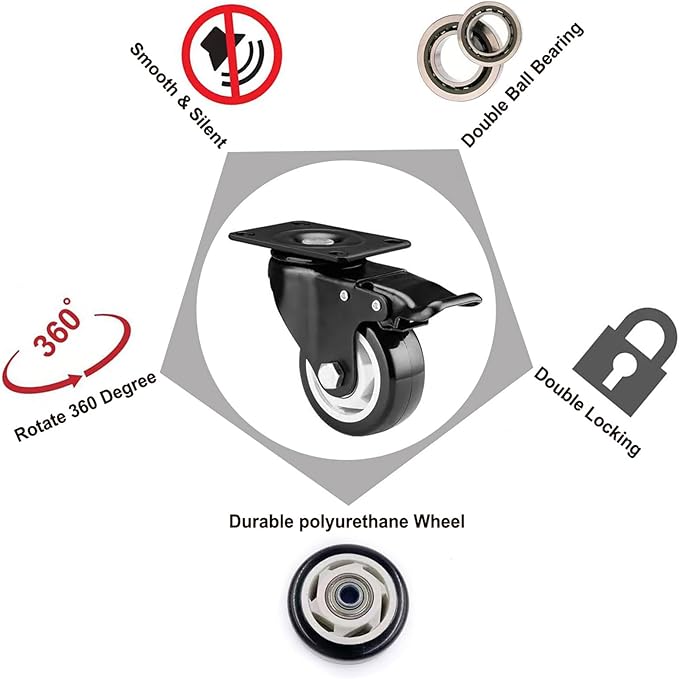 3 inch Caster Wheels, Casters Set of 4 Heavy Duty - CLOATFET Locking Swivel Casters with Brake (Top Plate), Non Marking Black Castor Wheels for Cart Furniture Workbench