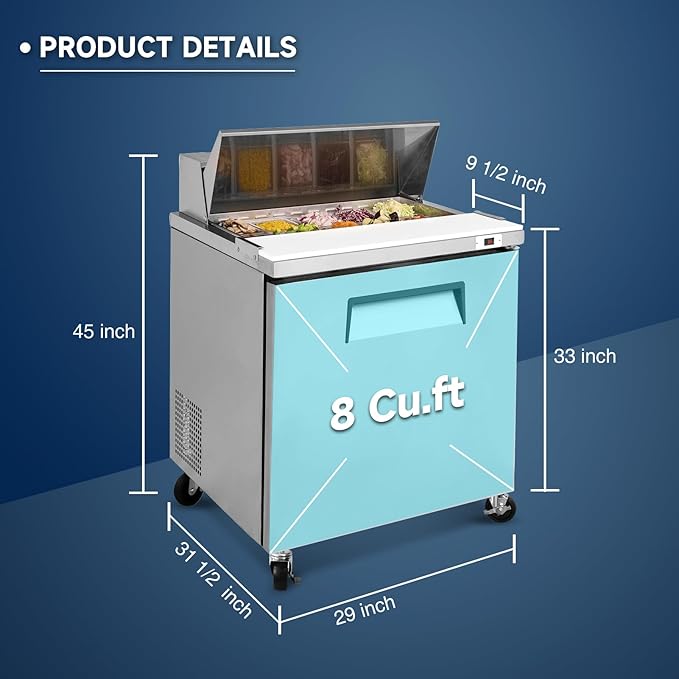29"W Commercial Sandwich Prep Table Refrigerator - Stainless Steel Door with 8 Pans, 8 Cu.Ft Capacity, Auto Defrost, Digital Temperature Control for Restaurants, Delis, Catering & Convenience Stores