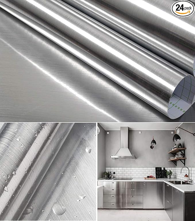 Hopepak 17.3''x197'' Stainless Steel Contact Paper Peel and Stick Waterproof Silver Metallic Wallpaper Self Adhesive Removable Vinyl Roll for Kitchen Cabinet Refrigerator Dishwasher Countertop
