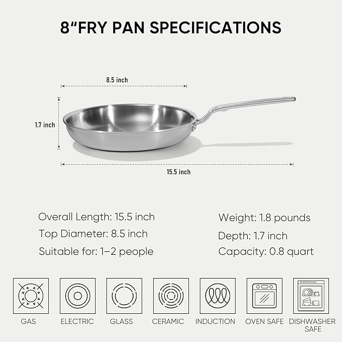 8 Inch Mini Stainless Steel Frying Pan - 5 Ply Stainless Clad Skillet with Aluminum Core, Durable and Even Heating, Professional Cookware for Induction, All Stoves, Oven and Dishwasher Safe