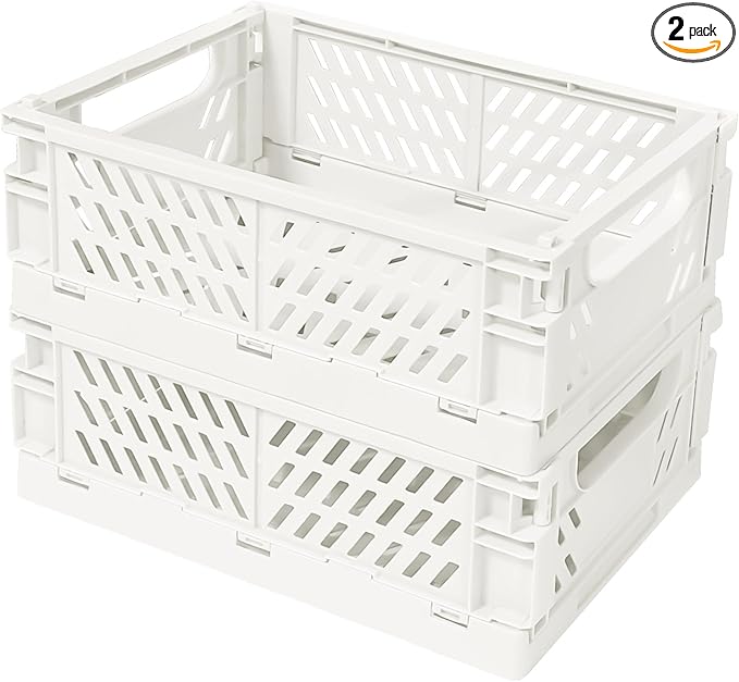 Small Pastel Plastic Storage Bins 2Pcs Foldable Pastel Crates Plastic Basket Colorful Storage Containers Baskets for Classroom Kitchen Office Bedroom Desktop Home Decor (White 9.8" x 6.5" x 3.8")
