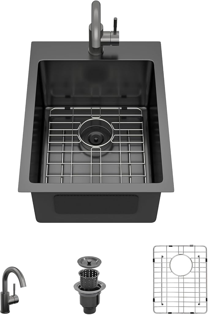 Black Bar Sink with Faucet - 15 Inch Drop In Bar Sink 16 Gauge Stainless Steel Topmount Gunmetal Black Single Bowl Small Prep Sinks with Accessories for Kitchen Bars, RV, Small Space #TLT-0032