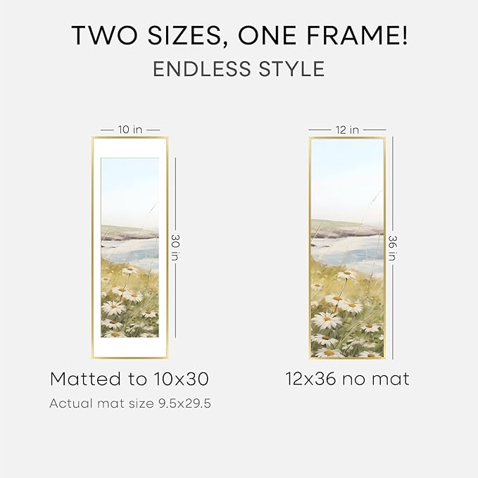 Homeforia 12x36 Picture Frame Gold, High End Metal 12x36 Poster Frames with Mat 10x30 inch Photo, 12 x 36 Gold Frames Matted to 10 by 30 Art, 36x12 Panoramic Frames, Tempered Glass, Wall Kit, Set of 3