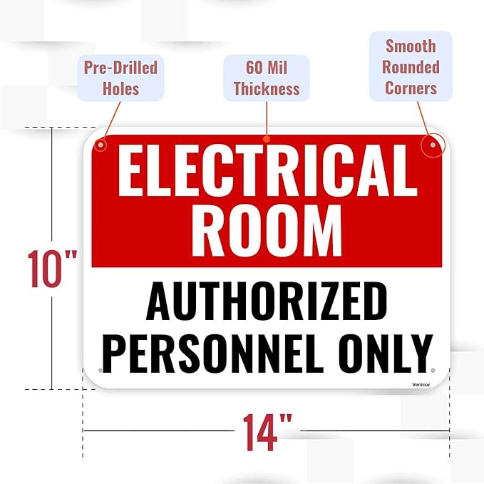 1PC Electrical Room Sign, 14 x 10 Inches - Aluminum - Authorized Personnel Only - Electric Room Signage For Door