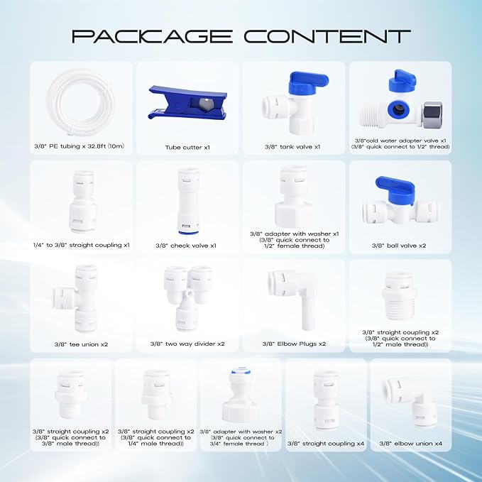 3/8 Water Line, cnaodun with 3/8" OD 32.8ft Water Tubing Reverse Osmosis Quick Connect Fittings Push To Connect Water Tube Fittings for RO Water Filter
