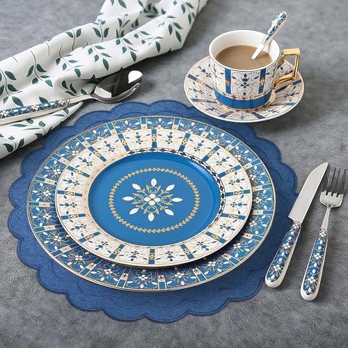 Set of 6 Dark Blue Cotton Linen Placemats, 15x15 Scalloped Flower Embroidery Cloth Table Mats Double Layered Fabric Machine Washable Wrinkle Free Dining Placemat for Hotel Restaurant Kitchen Decor