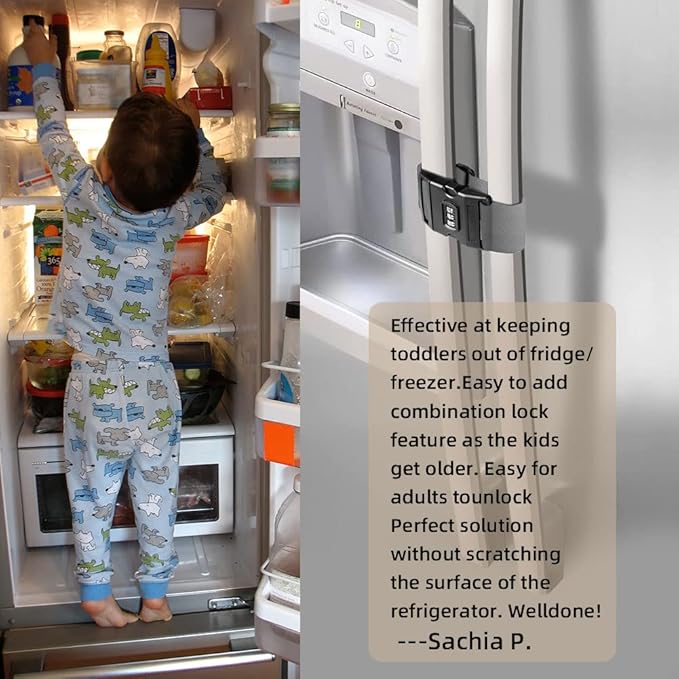 Fridge Freezer Refrigerator Cabinet Lock Latch, (2 Packs) Adjustable French Door Guard for Toddlers Children Kids Special Needs, No Drill No Screw No Adhesive (2 Packs Grey)