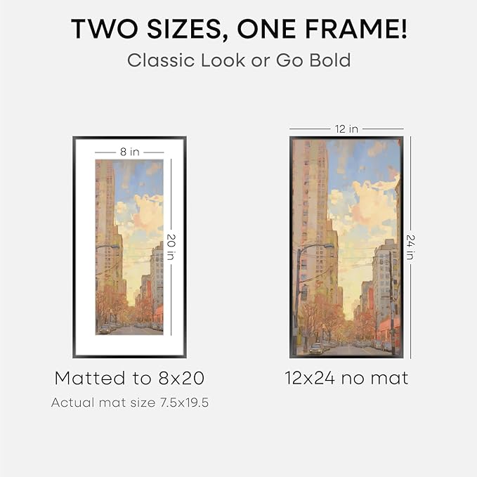 Homeforia 12x24 Picture Frame Black, High End Metal 12x24 Poster Frames with Mat 8x20 for Photo, 12 x 24 Black Frame Matted to 8 by 20 Print, 24x12 Panoramic Frames, Tempered Glass, Wall Kit, Set of 3