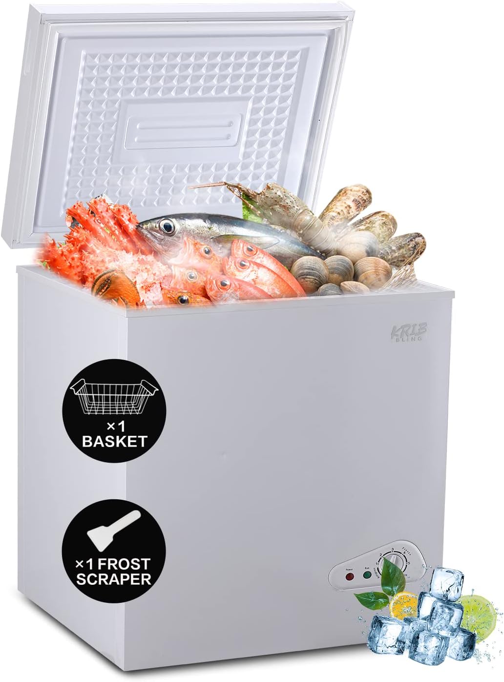 KribBling 5.0 Cu.Ft Chest Freezer with 7 Gears Temperature Control(-16F to -48F), Deep Freezer with a Removable Basket, for House, Kitchen, Garage, Basement, Shop, White, FLG-86Q