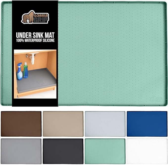 GORILLA GRIP Waterproof Silicone Under Sink Mat with Raised Lip for Kitchen and Bathroom, Cabinet Shelf Liner Stay in Place Mats Dishwasher Safe Drawer Liner, Organizer Tray, 19 x 34 in, Mint