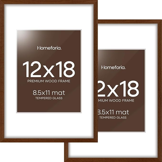 Homeforia 12 x 18 Walnut Wood Frame, High End Dark Oak 12x18 Brown Picture Frame with Mat 8.5x11 Photo, 12 x 18 Wooden Poster Frame Matted to 8.5 x 11, 18x12 Frames, Tempered Glass, Wall Kit, Set of 2
