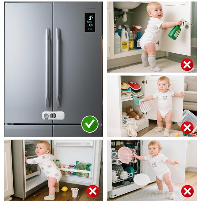 5Pack Child Proof Refrigerator Lock, Fridge Locks for Kids,with Adhesive,Child Safety Locks for Doors, RV Refrigerator, Oven Lock Child Safety Baby Cabinet Locks (Green, 5 Count (Pack of 1))