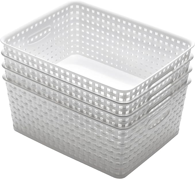 Plastic Storage Baskets for Organizing,11"X8.5"X4.7",Pack of 4 (White)