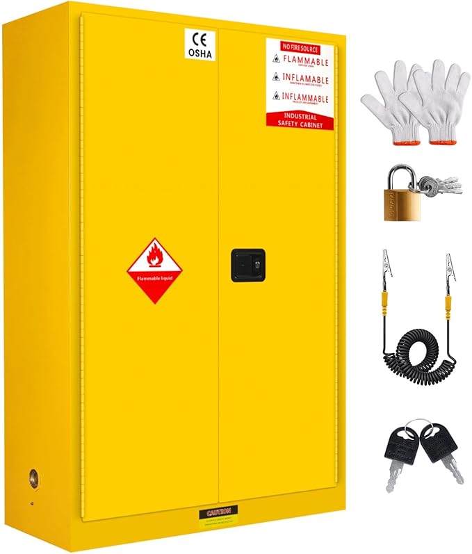 Flammable Storage Cabinet 70 Gallon Yellow, Galvanized Steel Large-Capacity Fire Resistant Cabinet, Dual Vents & 3-Point Lock for Warehouses, Industrial Use & Residential Garages