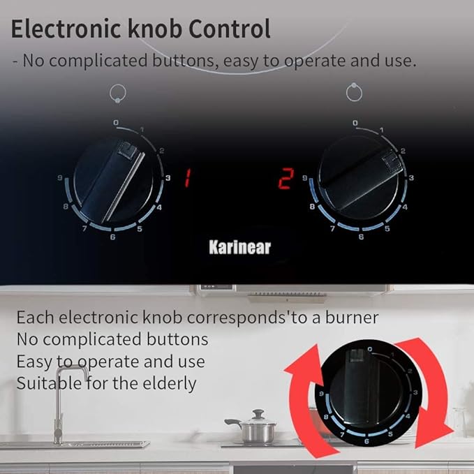 Karinear 2 Burner Electric Cooktop 12 Inch Built-in Electric Stove Top, 220v- 240v Radiant Cooktop with Residual Heat Indicator, Knob Control, Over-Temperature Protection, Hard Wire(No Plug)