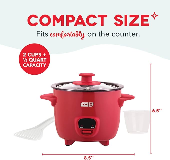 Dash Mini Rice Cooker - Designed for Single-Serve Cooking - Compact Rice Cooker with Nonstick Removable Pot, Keep Warm Function & Easy-to-Clean Sleek Design - Red