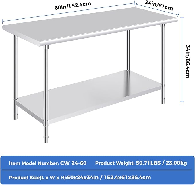 OSTBA Stainless Steel Table for Prep & Work 24x60 Inches, NSF Metal Commercial Heavy Duty Table with Adjustable Undershelf and Adjustable Foot for Restaurant Kitchen Home and Hotel