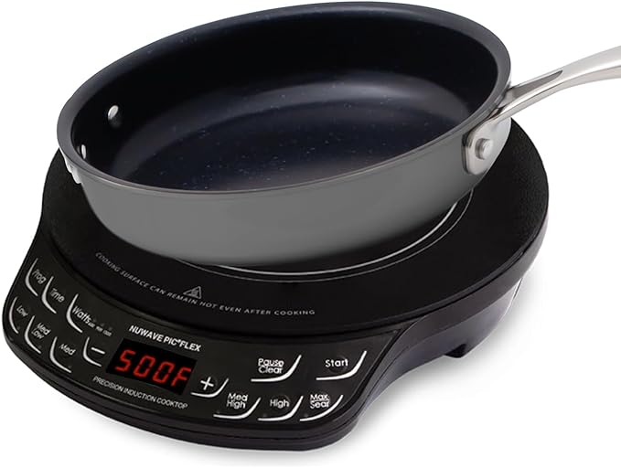 NUWAVE Flex Precision Induction Cooktop, 10.25” Shatter-Proof Ceramic Glass, 6.5” Heating Coil, 45 Temps from 100°F to 500°F, 3 Wattage Settings 600, 900 & 1300 Watts, 9” Duralon Ceramic Pan Included