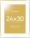 Homeforia 24x30 Picture Frame Gold, High End Metal 24 x 30 Poster Frames with 18 by 24 Mat Opening, 24x30 Gold Photo Frame Matted to 18x24 Print, 30x24 Large Frames, Tempered Glass, Wall Kit, Set of 1