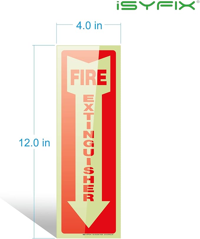iSYFIX Fire Extinguisher Glow in the Dark Sticker Sign – 5 Pack 4x12 Inch – Premium Self-Adhesive Vinyl, Laminated for Ultimate UV, Weather, Scratch, Water and Fade Resistance, Indoor and Outdoor