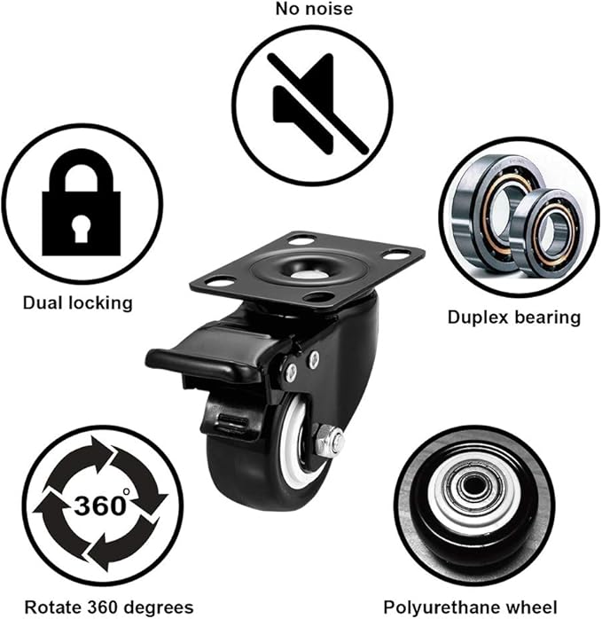 2 inch Casters Set of 24 Heavy Duty - CLOATFET Locking/Swivel Caster Wheels with Brake (Top Plate), Non Marking Black Castor Wheels for Cart Furniture Workbench
