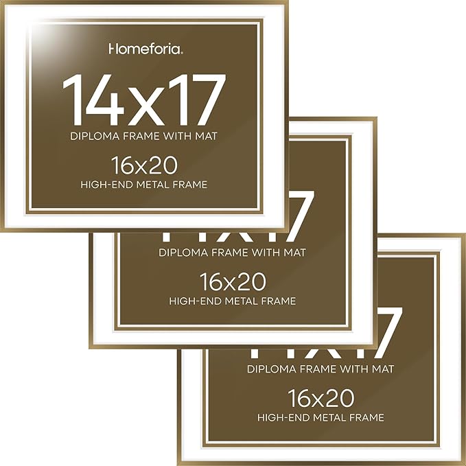 Homeforia 16x20 Diploma Frame Bronze, High End Metal 16 x 20 Certificate Frame with Mat for 14 by 17, 20x16 Document Frame Matted to 14x17, Graduation Degree Frames, Tempered Glass, Wall Kit, Set of 3
