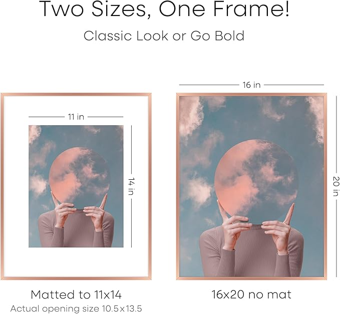 Homeforia Picture Frames 16x20 Rose Gold, High End Metal 16x20 Poster Frame with Mat 11x14 inch Photo, 16 x 20 Rose Gold Frame Matted to 11 by 14 Print, 20x16 Frame, Tempered Glass, Wall Kit, Set of 2