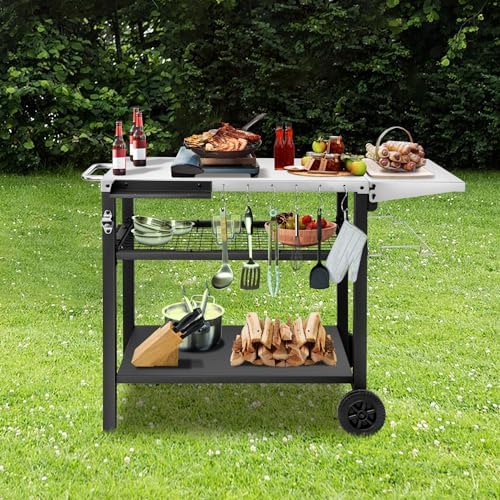 Outdoor Grill Cart Pizza Oven Stand, Three-Shelf Stainless Steel Food Prep Table Patio BBQ Grill Table Bar Cart Kitchen Island with Wheels