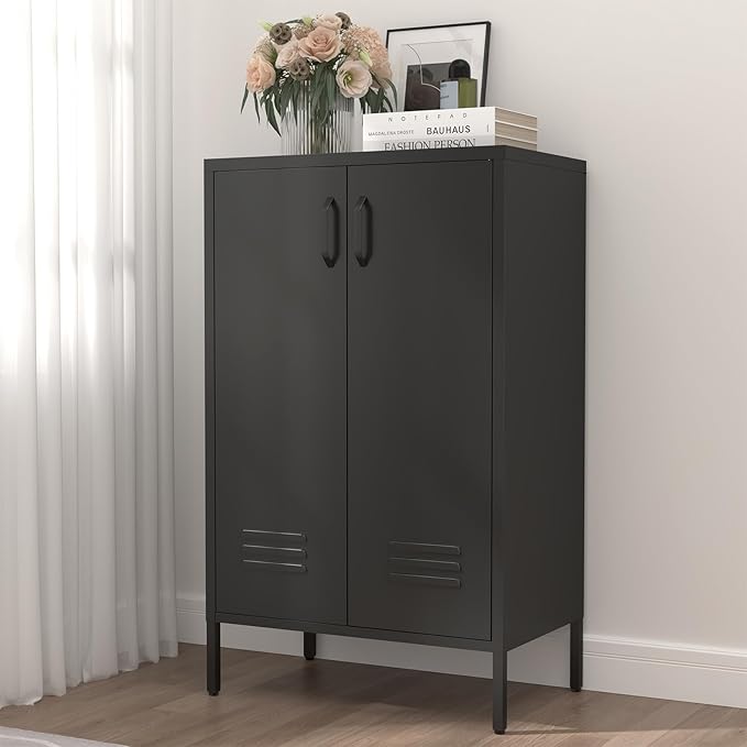 Metal Storage Cabinet,Metal Cabinet with Adjustable Shelves, 2 Door Locker Cabinets with Doors,Morden Accent Cabinets for Living Room,School,Office,Black