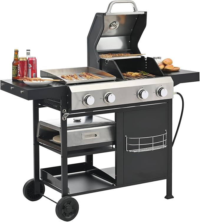 Endark 49,200 BTU 4-Burner Multi-Function Stainless Steel BBQ Grill - For Outdoor Cooking, Patio Backyard Barbecue, Camping - Griddle Combo for BBQ,FRYING and PIZZA