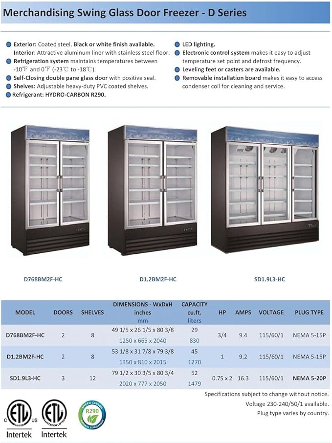 cooler depot Commercial Freezer Glass 2 Double Door Coated Steel Frame&Exterior, Aluminium Interior, Upright Reach in NSF 53" W 8 Shelves, Display Merchandiser 45 cuft -10°F~ 0°F D1.2BM2F