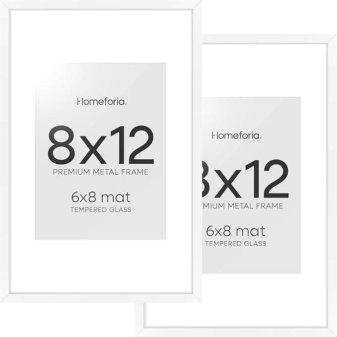 Homeforia 8x12 Picture Frame White, High End Metal 8 x 12 Poster Frames with Mat 6 by 8 for Photo, 12x8 Frame Matted to 6x8 inch Print, 8by12 Wall or Tabletop Frame, Tempered Glass, Wall Kit, Set of 2