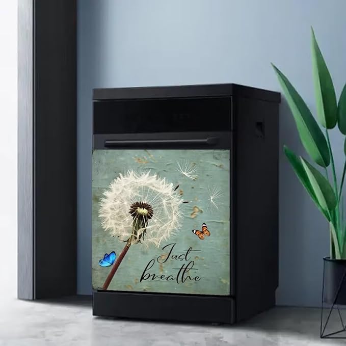 Farm Floral Dandelion Dishwasher Magnet Cover,23"" x 17"" Dishwasher Cover,Retro Countryside Butterfly Magnetic Decal Vinyl Sticker Kitchen Decor Refrigerator Magnets Self Adhesive Wrap, Just Breathe