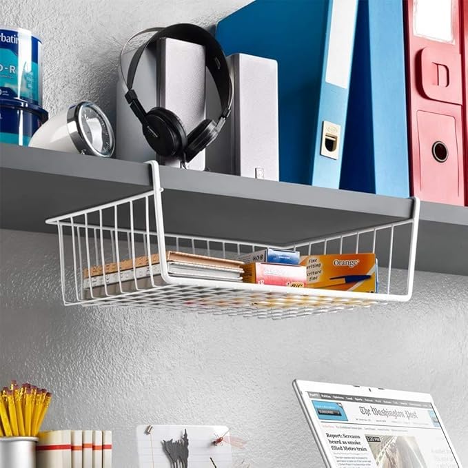 Modern Home Under Shelf Wire Storage Baskets – Hanging Organizer Rack for Cabinet, Pantry, or Closet – White Metal Basket for Kitchen, Towels, or Office – No Tools Required (15")