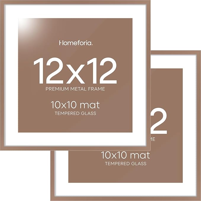 Homeforia Mocha 12x12 Picture Frames, High End Metal 12 x 12 Square Poster Frame with Mat 10 x 10 Photo, 12x12 Mocha Frame Matted to 10x10 Print, 12by12 Thin Frames, Tempered Glass, Wall Kit, Set of 2