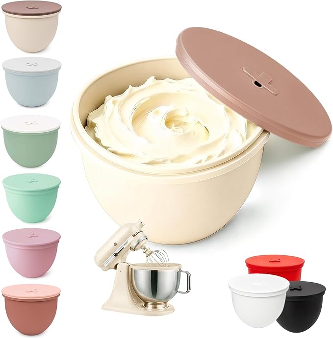Omoiyari Premium CREAM BEIGE Silicone Bowl Liner with Lid for KitchenAid 5-Qt Tilt-Head (Only),2mm Extra-Thick Silicone,Odour-Free&Heat-Resistant,Air Valve for Dough Proofing, Dishwasher Safe,BPA Free