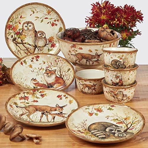 Pine Forest 8.5" Ceramic Salad/Dessert Plates, Set of 4 – Woodland Animal Autumn Plates Featuring Owl, Deer, Fox & Raccoon – Perfect for Fall Entertaining, Appetizers, or Gifts