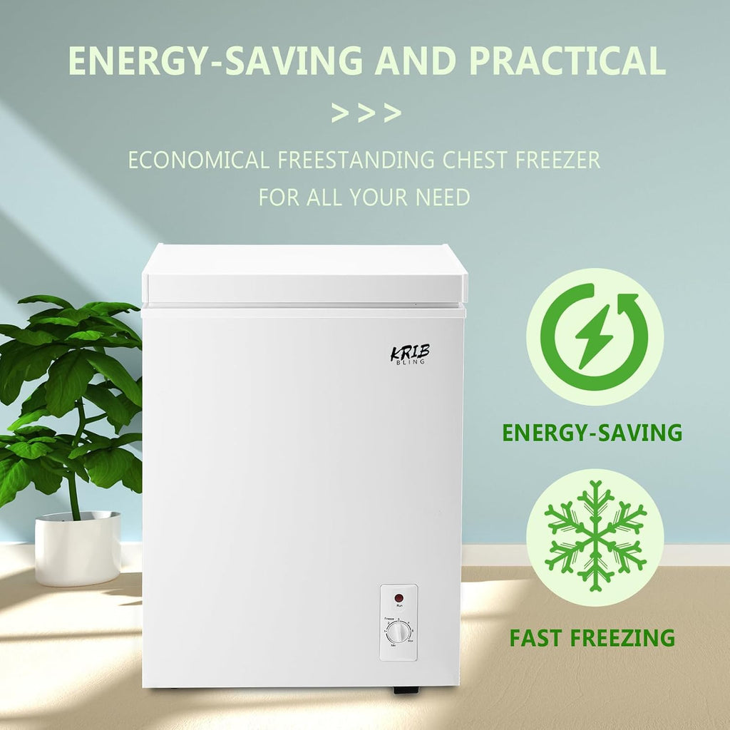 3.5 Cu.Ft Compact Chest Freezer with Removable Basket, Krib Bling Top Door Open Freestanding Deep Freezer with 7 Gears Temperature Adjustment, Ideal for Home, Kitchen & Office, White