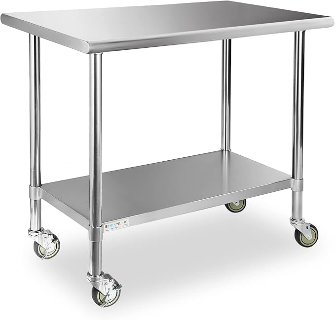 STABLEINK Stainless Steel Table with Wheels 24 x 36 Inches, NSF Commercial Prep & Workbench with Adjustable Undershelf and Casters, for Commercial Kitchen, Restaurant, Hotel, Laundry and Garage