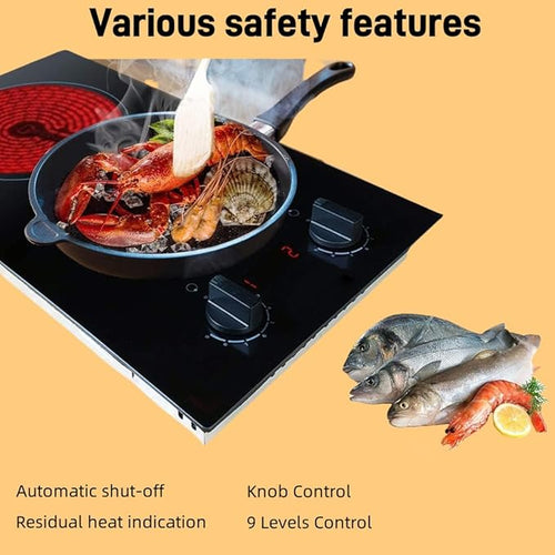 12 Inch Electric Cooktop 2 Burner, Built-in Stove, Electric Radiant Cooktop with Knob Conrol, Residual Heat Indicator, 9 Power Level, Over-Heat Protection, 220V Hard Wire(No Plug)