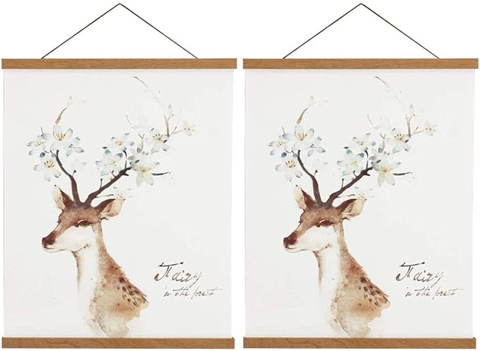2 Pack Magnetic Poster Hanger Frame, 14x17 14x20 14x22 Light Wood Wooden Magnet Canvas Artwork Print Dowel Poster Hangers for Frames Hanging Kit (Teak Wood, 14", 2 Packs)