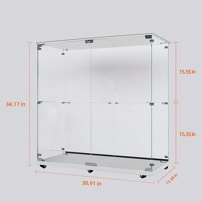 Yoluckea 2 Tiers Glass Display Cabinet with Bluetooth LED Light Strip, 2 Doors Floor Standing Curio Cabinet with Universal Wheel for Home, White Glass Bookshelf for Collections, Clear Top
