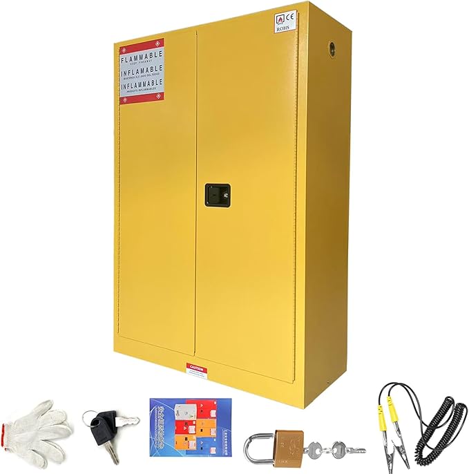 43" x 18" x 65" Steel Flammable Liquid Cabinet, Industry Safety Storage, 45 Gal Flammable Safety Cabinets with 2 Adjustable Shelves 2 Manual Doors for Industrial Use, Yellow,Cold Rolled Steel
