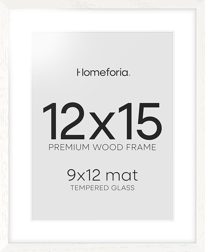 Homeforia 12x15 White Picture Frame, High End Oak 12x15 Wood Poster Frames with Mat 9x12 Print, 12 x 15 White Wooden Frame Matted to 9 by 12 Photo, 15x12 Thin Frame, Tempered Glass, Wall Kit, Set of 1
