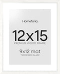 Homeforia 12x15 White Picture Frame, High End Oak 12x15 Wood Poster Frames with Mat 9x12 Print, 12 x 15 White Wooden Frame Matted to 9 by 12 Photo, 15x12 Thin Frame, Tempered Glass, Wall Kit, Set of 1