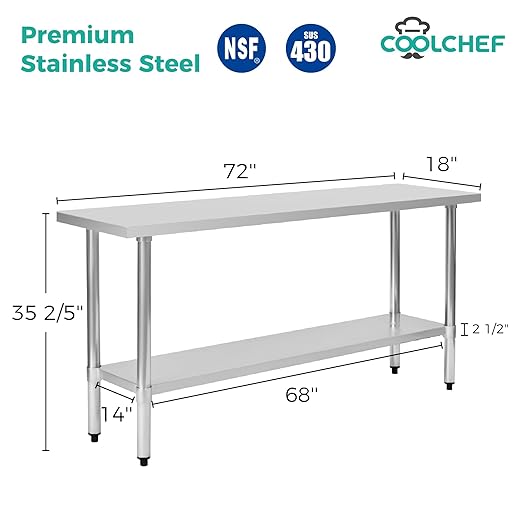 COOLCHEF Stainless Steel Work Table 18 x 72 Inch, NSF Commercial Prep Table with Undershelf, Heavy Duty Food Prep Workstation