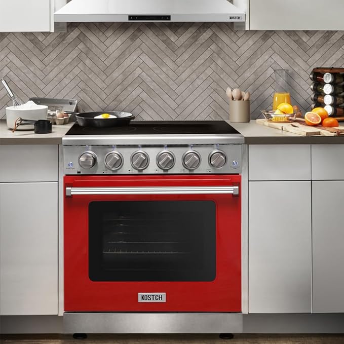 KOSTCH 36 inch Professional Electric Range with 5 Heating Elements Cooktop, 6.0 Cu. Ft. Convection Oven Capacity,Electric Stove Smooth Glass Top, in Stainless Steel KOS-36RE06H (Red)